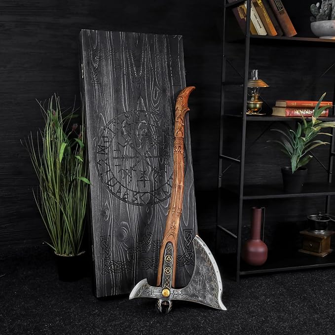 AncientSmithy Leviathan Axe Metal Replica with Glow-in-The-Dark-Runes - Hardened High Carbon Steel Blade - Leather Sheath - Hand Carved Handle