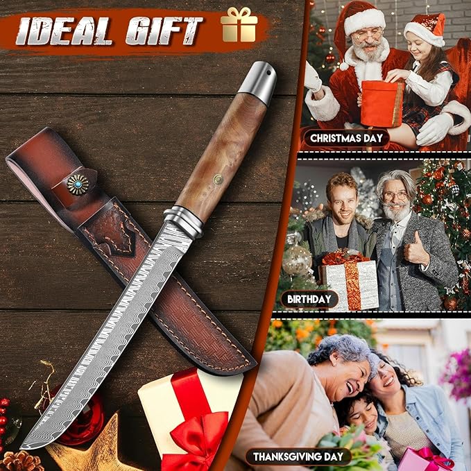 Dragon Creek Fixed Blade Tanto Knife - Wooden Handle Outdoor Survival Knife with Leather Sheath for Camping Hiking Gift Men