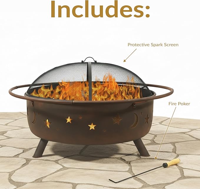 Sunnydaze Cosmic 42-Inch Large Outdoor Fire Pit - Wood-Burning Fire Pit with Round Spark Screen Poker and Built-in Grate