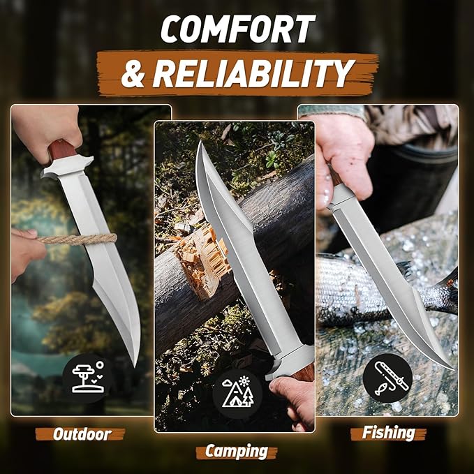 PURPLEBIRD 10 Fixed Blade Hunting Knife for Men Full Tang Bowie Knife with Sheath Heavy Duty Machete Knifes Stainless High Carbon Steel Survival Knives for Camping Bushcraft Gifts for Men