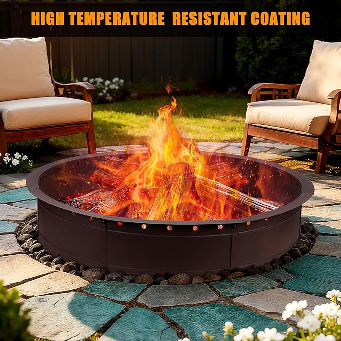 36 Inch Fire Pit Ring Large Outdoor Campfire Pit for Patio Backyard Garden Smokeless Steel Firepit with Air Vent for Efficient Burning &amp Anti-Rust Coating Brown Steel