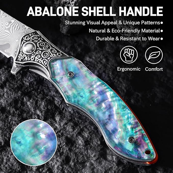 Damascus Pocket Knife for Women 3.54 Sharp Damascus Steel Blade and Abalone Shell Handle EDC Folding Knives for Camping Hiking