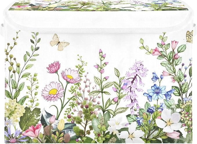 senya Spring Storage Baskets Collapsible Storage Bins with Lids Spring Wild Flowers Butterfly Storage Boxes Clothes Baskets for Organizing