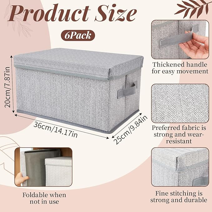 LemonRoad 6 Pack 14'' x 10'' x 8'' Collapsible Storage Cubes Bins with Removable Lids Fabric Closet Organizers with Handles Foldable Memory Boxes for Shelves Nursery Bedroom Home Closet Gray