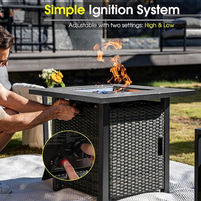 Sundale Outdoor 28 Inch Outdoor Fire Pit Table 50000 BTU Propane Fire Pits with Rain Cover Glass Stones and Lid Wicker Gas Fire Pit for Outside Patio and Garden CSA-Listed
