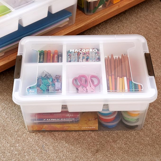 MACOPRO 17 QT Plastic Storage Box with Removable Tray Bins with Lids Clear Storage Container for Craft Supplies Beads Tools Sewing and Playdoh Organization (White 1Pack-17QT)