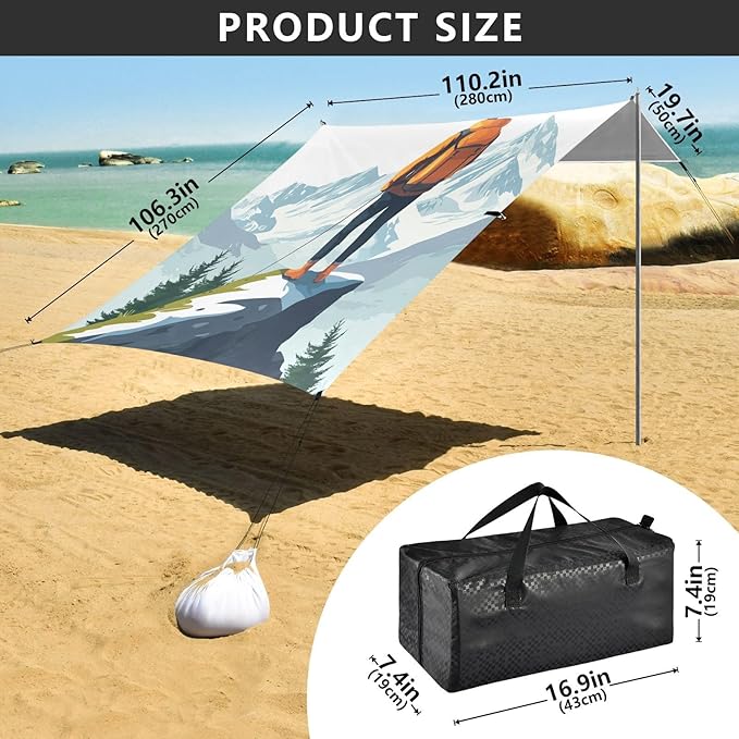 ALAZA Man Mountain Travel Beach Tent Sun Shelter UPF50+ Protection Beach Shade Canopy w/ 4 Sandbags for Outdoor Camping Fishing Backyard Fun Picnic 10x9 ft