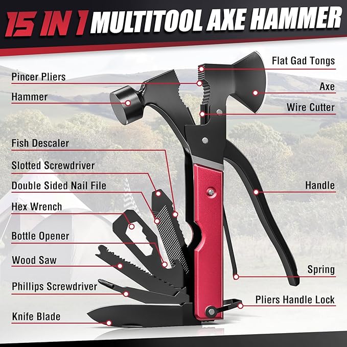 15 in 1 Multitool Axe Hatchet Valentines Day Gifts for Him Adults Camping Accessories Survival Gear Multi Tool for Camping Hiking Survival Cool Gadgets Gifts for Men Husband Boyfriends