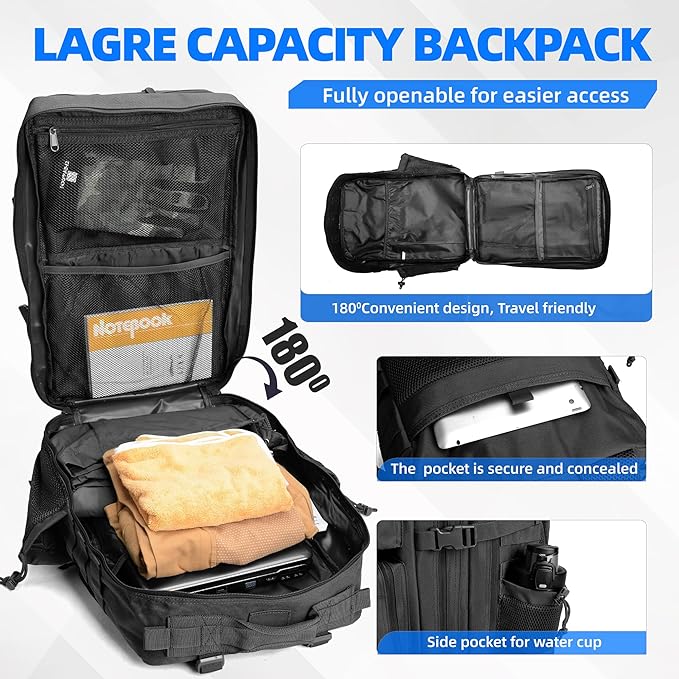 45L LUPU TACTICAL Backpack for Men and Women 3 Days Assault Pack Outdoor Travel Hiking Camping Rucksack with Molle Webbing (Black)