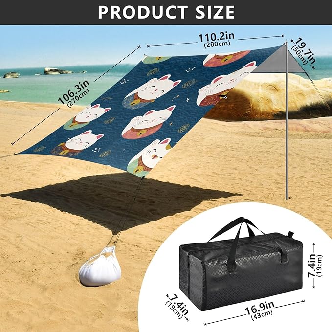 ALAZA Cute Cat Pattern Beach Tent Sun Shelter Portable Canopy Sunshade for Outdoor Camping Picnics Backyard Fun 10x9 ft