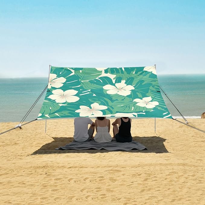 Seamless Pattern Monkey Palm Tropical Hawaiian_2 Beach Canopy UPF50 Waterproof Sun Shelter with Sand Shovel Sandbags for Backyard and Camping