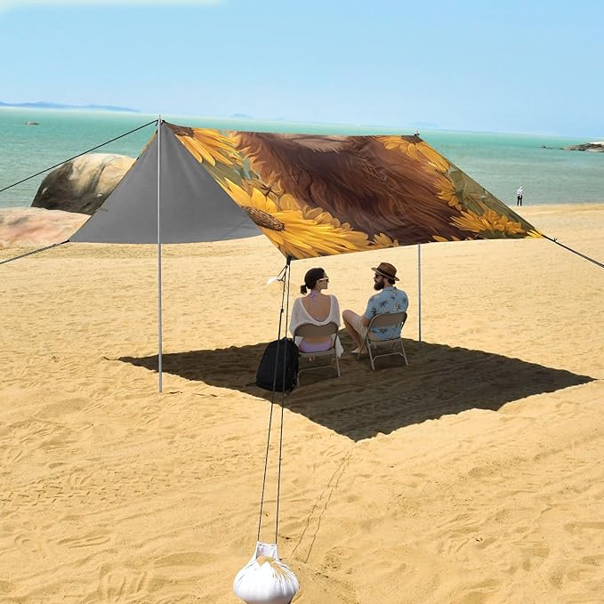 ALAZA Highland Cow Sunflower Beach Tent Sun Shelter Portable Canopy Sunshade for Outdoor Camping Picnics Backyard Fun 10x9 ft