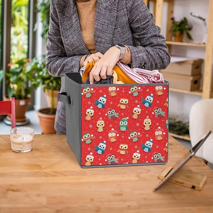 Collapsible Storage Bins with Handles Christmas Owl Red Large Capacity Foldable Cube Box for Blankets Comforters Pillows Perfect for Linen Closet Storage