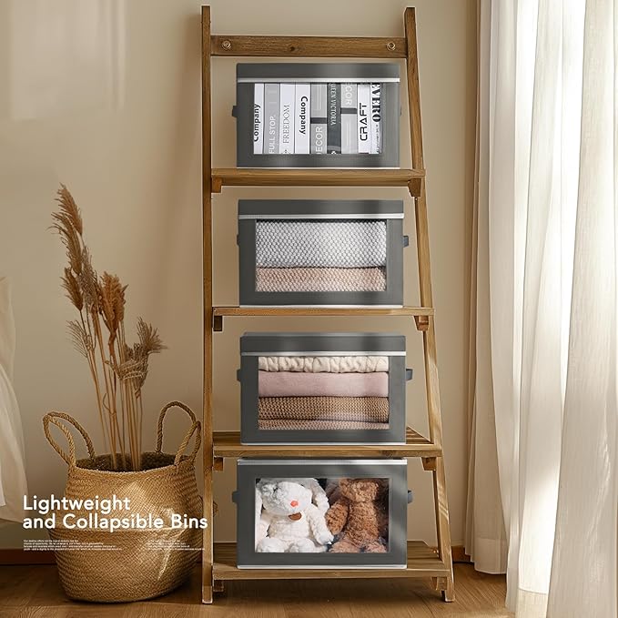 Homsorout Storage Boxes with Lids - 3 Pack Fabric Clear Window Storage Bins Collapsible Storage Bins with Lids Linen Closet Organizer for Clothes Towel Blanket Dark Grey