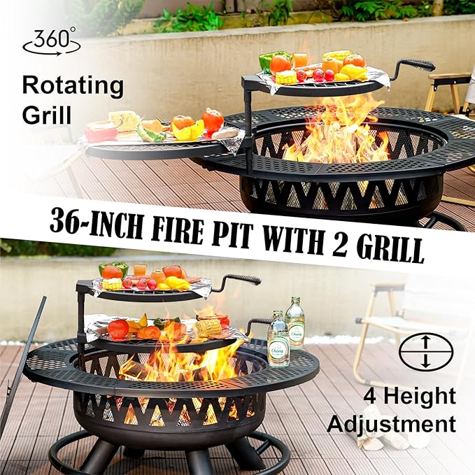 36 Inch Fire Pit with 2 Grills Large Outdoor Firepits for Outside Wood Burning Fireplace for CampingPicnicBonfire 3-in-1 Round Metal Table with Lid for BackyardPatioParty