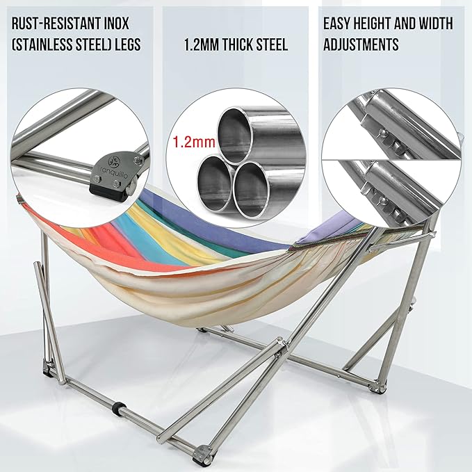 Tranquillo Double Hammock with Stand 550lb Capacity Double Hammock with Spreader Bar Solid Grade 201 Stainless Steel 30s Set Up Sturdy Flexible Hammock Stand Portable Outdoor Indoor Rainbow