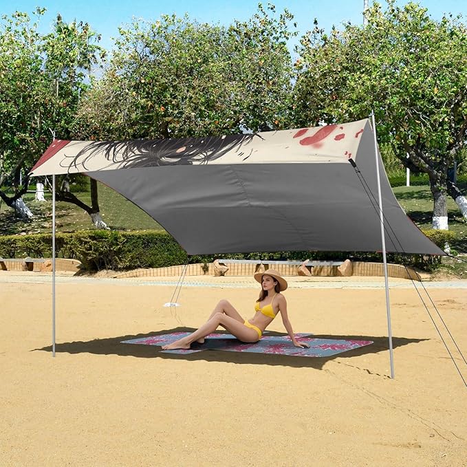 Game Anime Japanese Man Stable Beach Tent UPF50+ Waterproof Portable Sun Shelter with Sand Pockets for Backyard and Camping