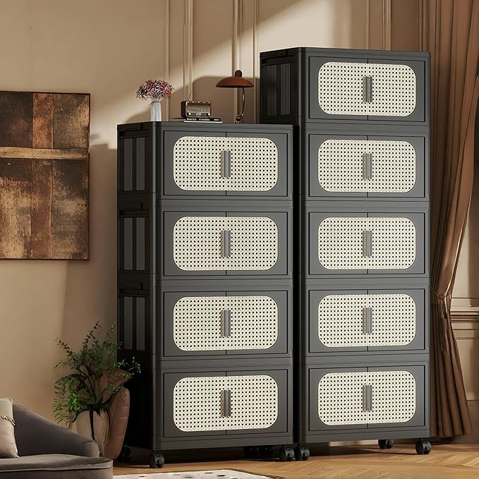 5 Tiers Folding Storage Cabinet20 Side Wide Stackable Storage Bins with Doors and Wheels Space Saving Plastic Cabinet for Living Room Office Dorm Retro Black