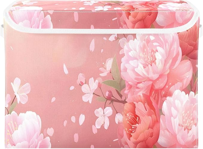 MNSRUU Containers Baskets with Lids Pink Flowers Foldable Storage Bins Organizer with Lid Collapsible Storage Boxes for Home Bedroom Closet Office