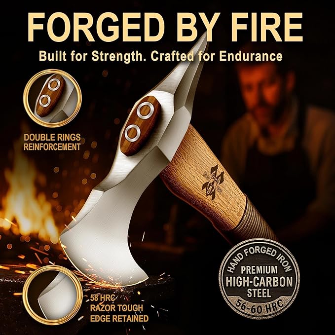 Grumpy Bear 15 Survival Axe Camping Hatchet – Forged High Carbon Steel Blade with Walnut Wood Handle – Anti-Slip Grip – Ideal for Bushcraft Wood Splitting &amp Outdoor Adventures Sliver