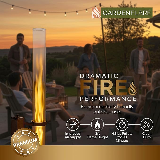 GARDENFLARE Stainless Steel Pellet Stove &amp Smokeless Firepit Patio Heater for Ambiance - Fire Pit for Patio Fire Tube Outside Backyard Bonfire &amp Outdoor Fireplace (Matte Black Premium)