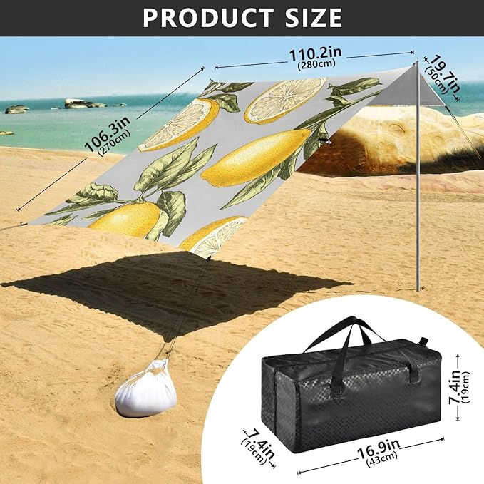 ALAZA Lemons Gray Background Pattern Beach Tent Sun Shelter Portable Canopy Sunshade for Outdoor Camping Picnics Backyard Fun 10x9 ft