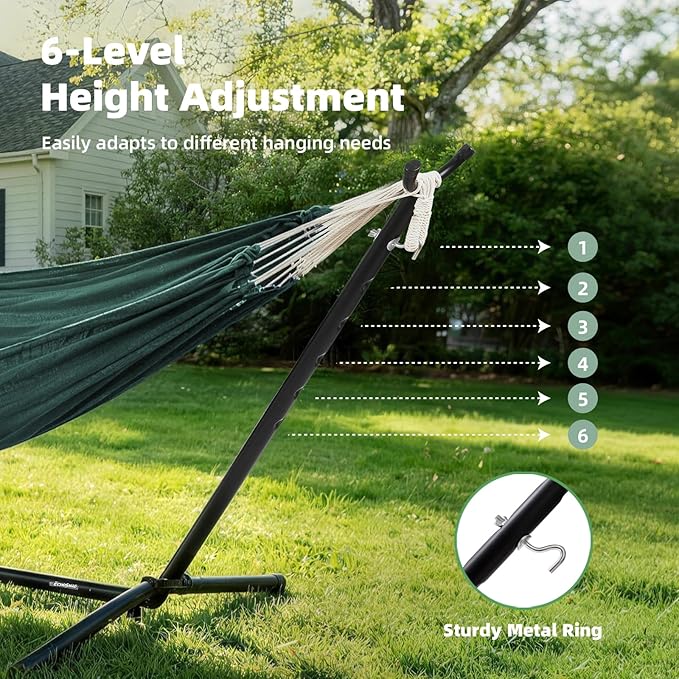 EchoSmile Double Hammock with Detachable Stand - 480 lbs Heavy Duty 2 Person Adjustable Hooks Indoor Outdoor Stand Hammock Durable Steel Frame Green