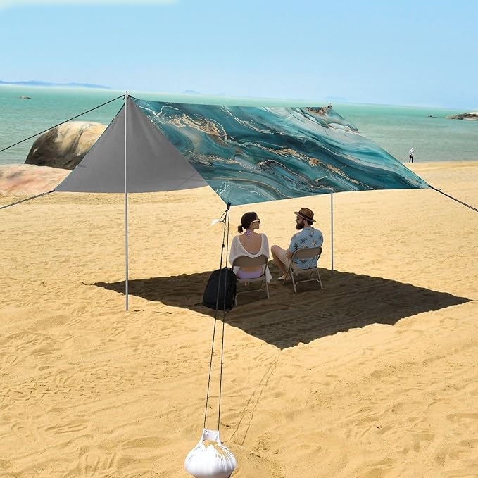 ALAZA Teal Blue Marble Beach Tent Sun Shelter Portable Canopy Sunshade for Outdoor Camping Picnics Backyard Fun 10x9 ft