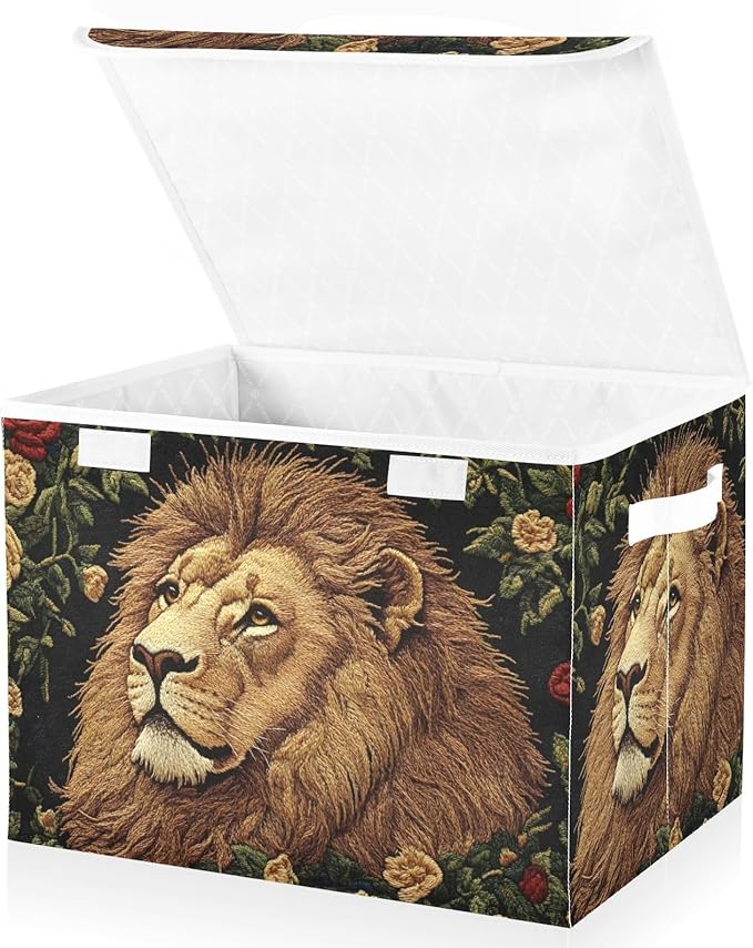 Storage Cube with Lid Lion with Floral Print 16.5×12.6×11.8 IN Collapsible Large Capacity Foldable Storage Basket Bin Organizer