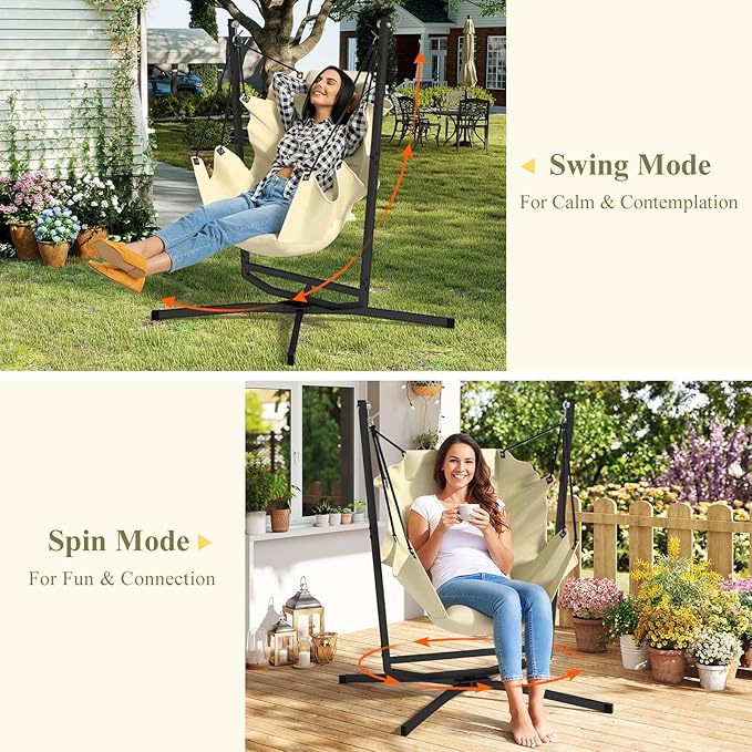 360° Swivel Hammock Swing Chair with Stand - Comfortable Hanging Chair with Cushions (400 lbs Capacity) for Indoor/Outdoor Use - Perfect for Bedroom Patio Porch Deck Garden Balcony