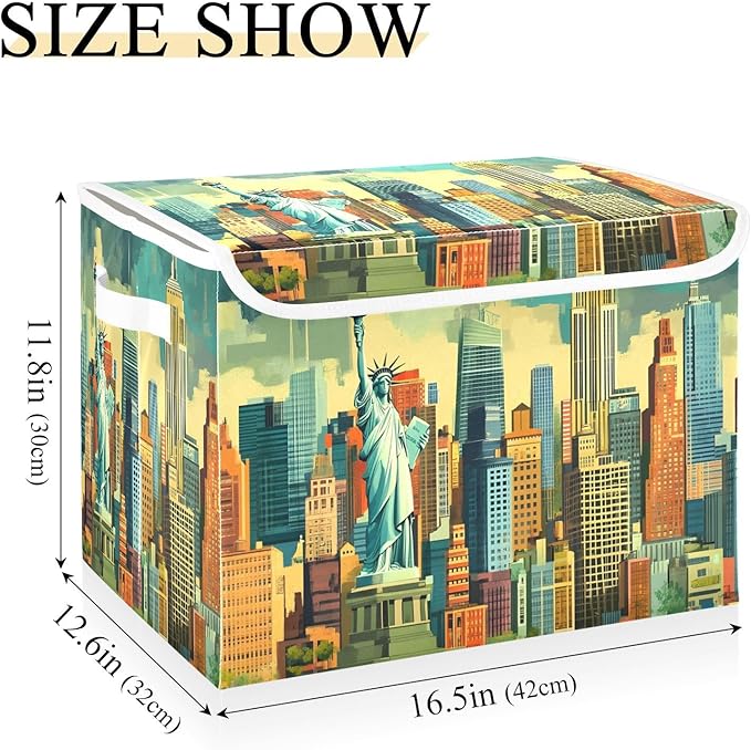 New York City Storage Cube Bins Basket with Lid Collapsible Flip-top Fabric with Handle for Home Bedroom Closet Office 16.5×12.6×11.8 in