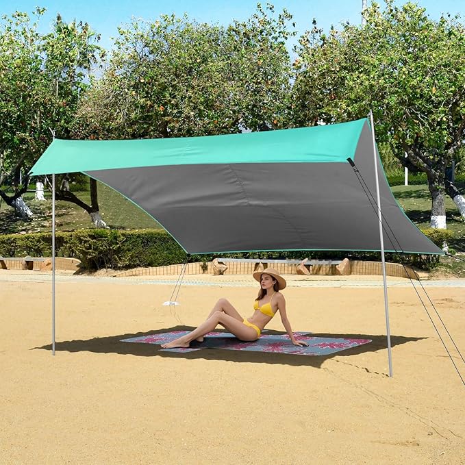 Turquoise Gradient Beach Cabana UPF50+ Protection Water-Resistant Sun Shelter with Sandbags and Shovel for Family Trips Picnics &amp Camping