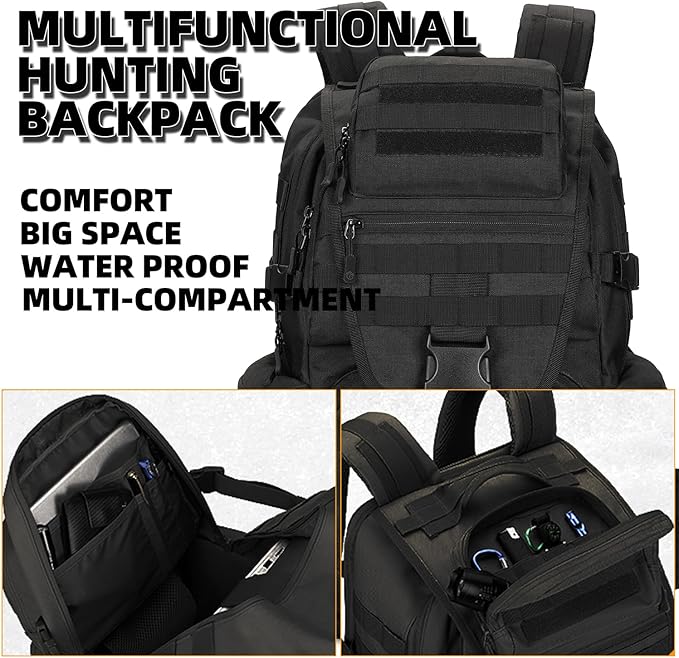 Military Tactical Backpack Waterproof Outdoor Hunting Backpack Large Capacity Hunting Day Pack (Black)