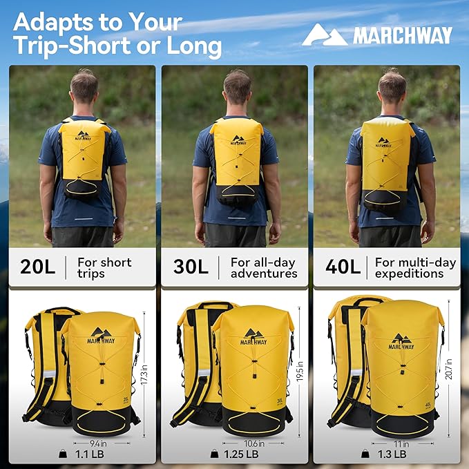 MARCHWAY Floating Roll Top Dry Bag Flexible Lightweight TPU Waterproof Backpack 20L/30L/40L with Padded Straps for Boating Kayaking Swimming Hiking Beach (Yellow 30L)