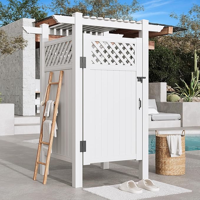 EROMMY 88.5H x 57.5W x 47.75L White PVC Outdoor Shower Enclosure with Door Weatherproof Privacy Stall for Pool &amp Beach Durable Vinyl Construction（Grid-panel with roof）