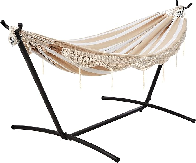 Amazon Basics Double Hammock with 9-Foot Space Saving Steel Stand and Carrying Case 2 Person 450 lb Capacity Beige Stripe with Lace 110 x 47 x 43
