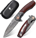 Damascus Pocket Knife for Men 3.34 Sharp Damascus Steel Blade Folding Knives with Wooden Handle EDC Knifes for Camping Hiking Collection