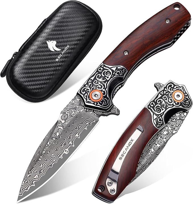 Damascus Pocket Knife for Men 3.34 Sharp Damascus Steel Blade Folding Knives with Wooden Handle EDC Knifes for Camping Hiking Collection