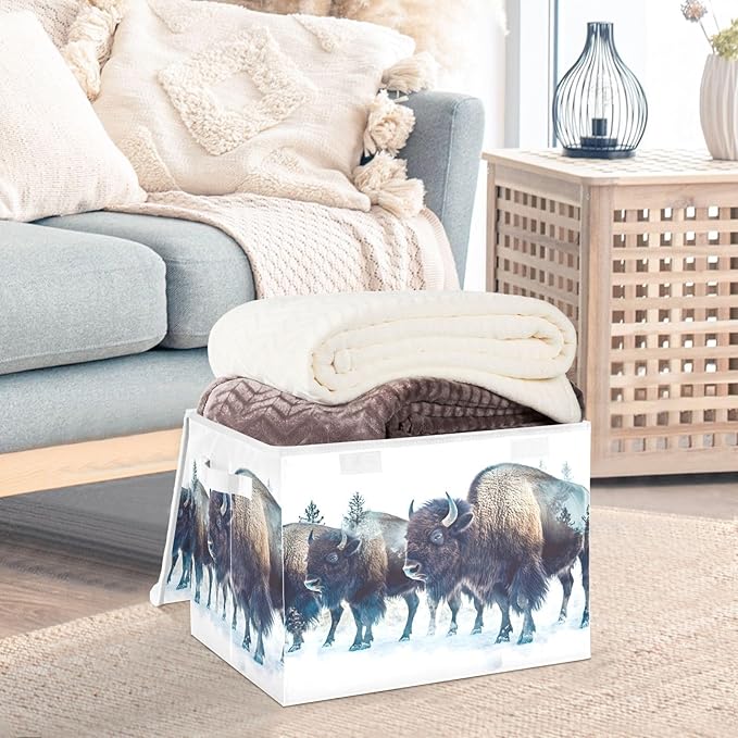 Storage Cube with Lid Winter Bisons Print 16.5×12.6×11.8 IN Collapsible Large Capacity Foldable Storage Basket Bin Organizer