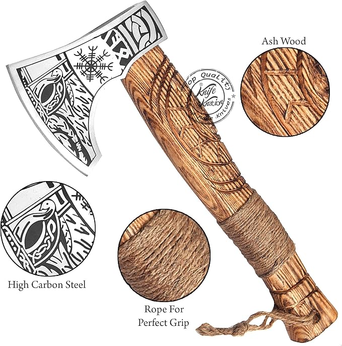 Hand-Forged Viking Axe Nordic Engraved Blade with Wooden Handle Unique Gift for Men Collectors Great Gift for Birthdays Holidays or Weddings (AXE-05)