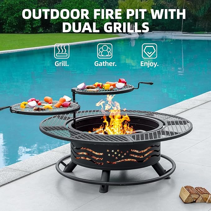 Panovue 47 Inch Fire Pit with 2 Cooking Grates Outdoor Wood Burning BBQ Grill Firepit Bowl with Cover Lid Steel Round Table for Backyard Bonfire Patio Picnic (Black 47IN)