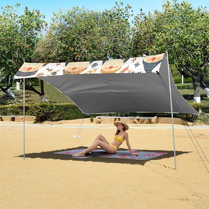 Christmas Card Funny Gnomes Scandinavian Flat Foldable Beach Canopy UPF50+ Waterproof Sun Shelter with Sand Shovel Sandbags for Family Trips Picnics &amp Camping