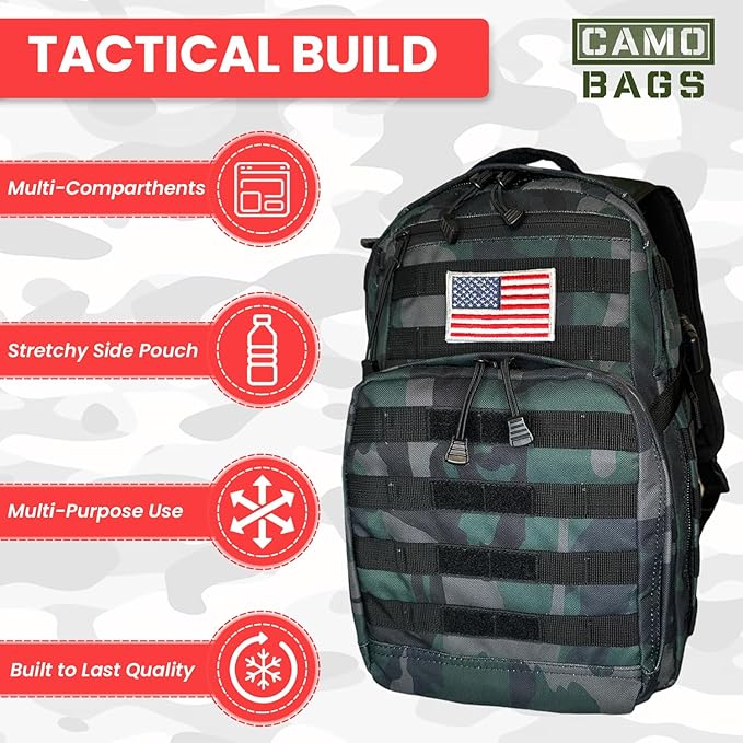 Camo Tactical Daypack Backpack - 1000D Polyester Tactical Backpack with Multi Compartments Air-Mesh Padded Back Side Compression &amp Adjustable Shoulder Straps - Travel Backpack Use for Outdoor &a