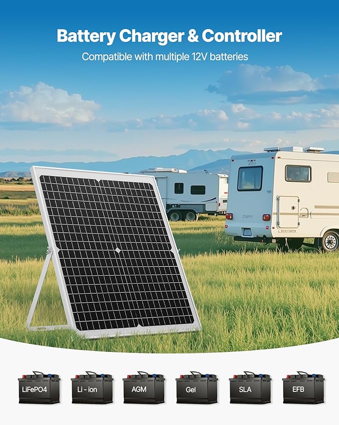 VEVOR 30W 12V Solar Panel Battery Charger Solar Battery Trickle Charger Maintainer with Intelligent MPPT Controller &amp Adjustable Mount Bracket IP67 Waterproof for Car Boat RV Motorcycle Trailer