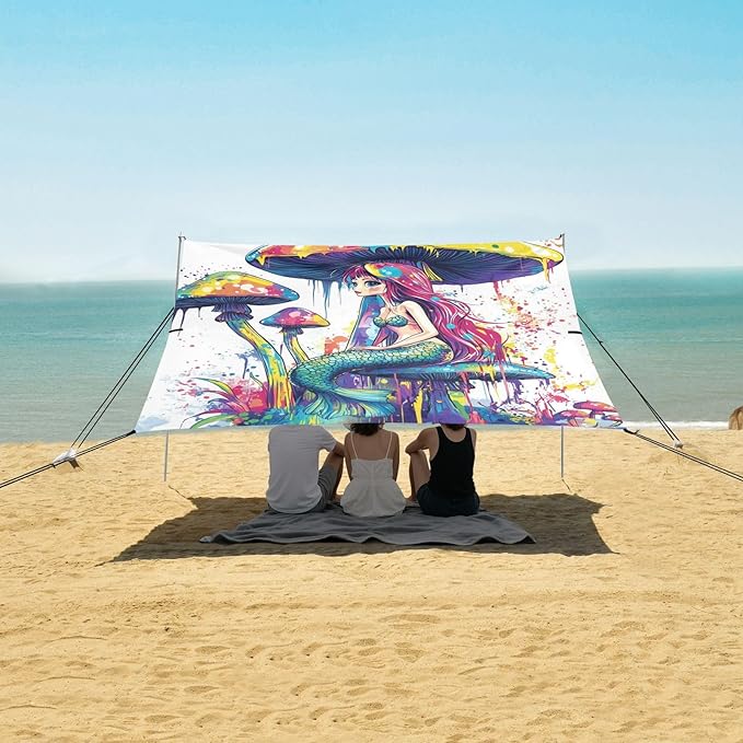 Funny Mermaid1 Foldable Beach Tent UPF50 Water-Resistant Sun Shelter with Sand Shovel Sandbags for Family Trips Picnics &amp Camping