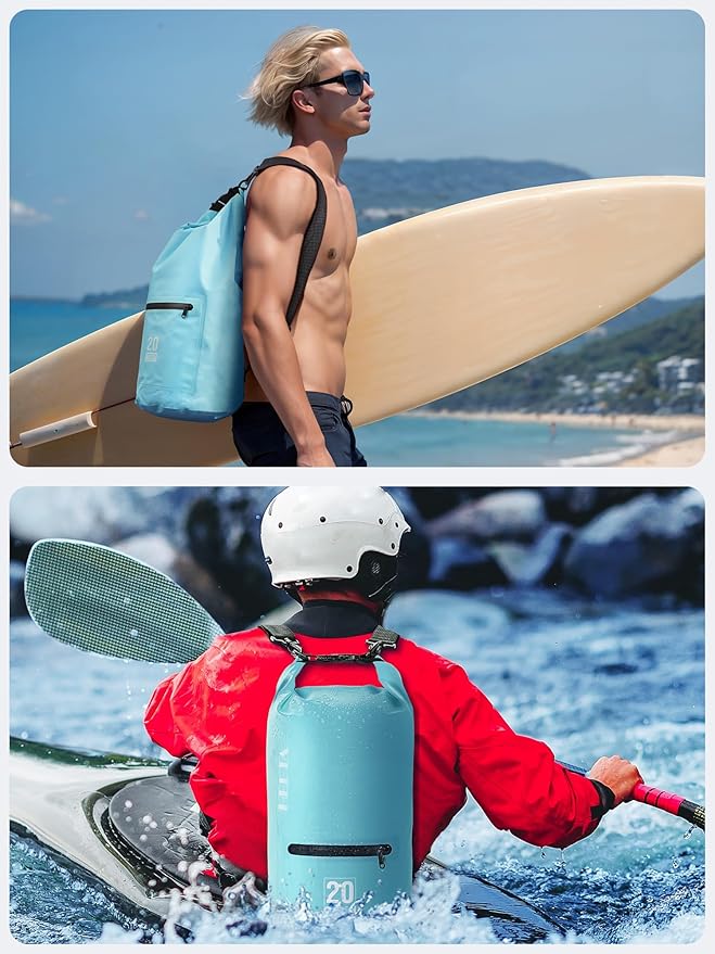 HEETA 2-Pack Waterproof Fanny Pack Pouch for Phone with Adjustable Waist Strap (Black &amp Grey) Bundled with Waterproof Dry Bag with Front Zippered Pocket for Women Men (Blue 5L)