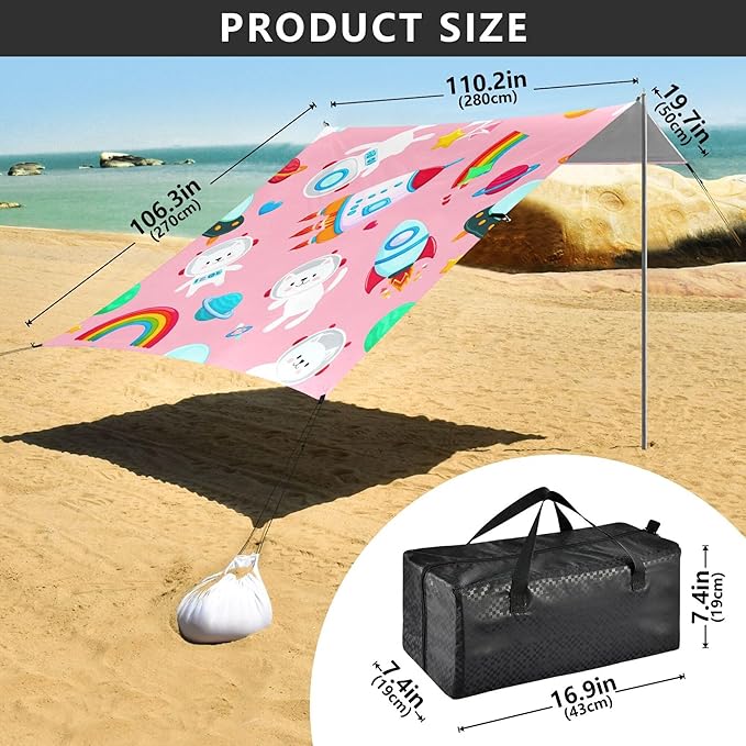 Astronaut Cats Beach Canopy Sun Shelter with Sandbags &amp Sand Shovel &amp Windproof Ropes - Portable 110x126 Beach Shade Beach Tent for Camping Picnics