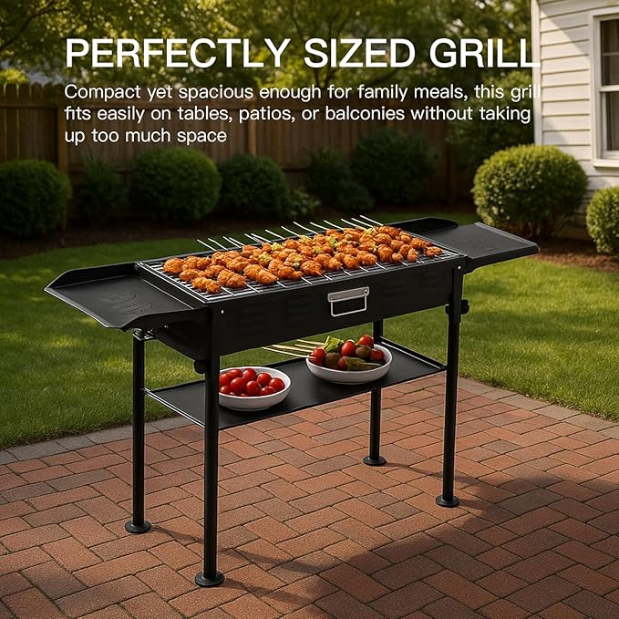 comzenz 35’’ Portable Charcoal Grill Folding BBQ Grill for Outdoor Grilling Cooking Camping Hiking Picnics Tailgating Backpacking Party With Storage Bag &amp Non-Stick Frying Pan Matte Black