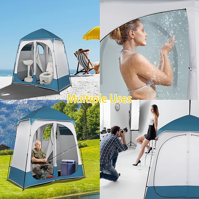 2 Room Pop Up Privacy Shower Tent 7.5 FT Changing Room Tent with Floor and Carry Bag Sun Shade Canopy Outdoor Rain Shelter for Portable Toilet Camping Dressing Hiking Beach (Blue and White)