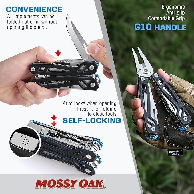 MOSSY OAK Multitool 21-in-1 Stainless Steel Pocket Knife with G10 Handle Screwdriver Sleeve Self-locking Pliers with Sheath-Perfect for Outdoor Survival Camping Hiking Simple Repair